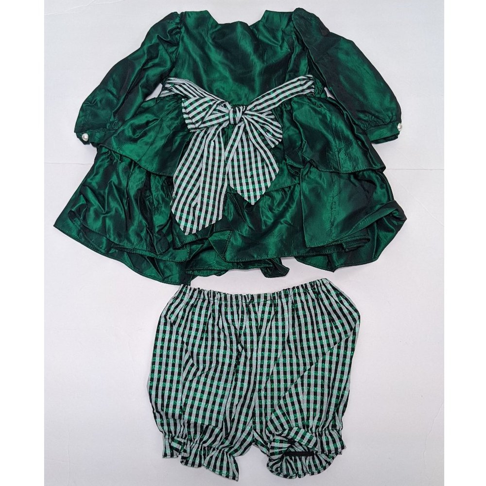 Vintage Plum Pudding Emerald Green Ruffle Girls Holiday Dress  18 months